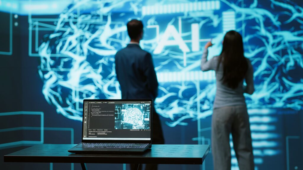 Engineers use AR tech to visualize AI neural networks brain, solving company problems. IT professionals using artificial intelligence augmented reality hologram, camera A