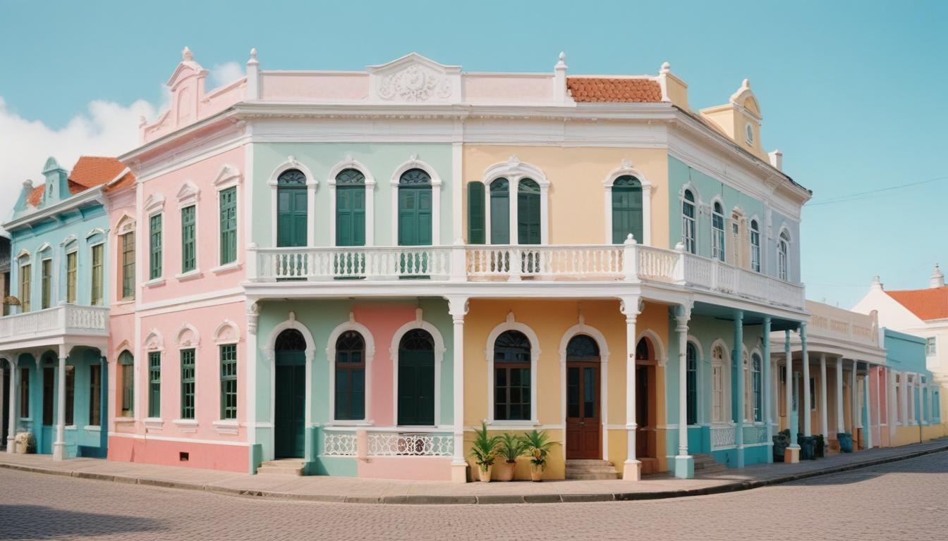 Pastelkleurig koloniaal hoekpand met balkon en groene luiken in een rustige Caribische straat onder een heldere blauwe lucht.